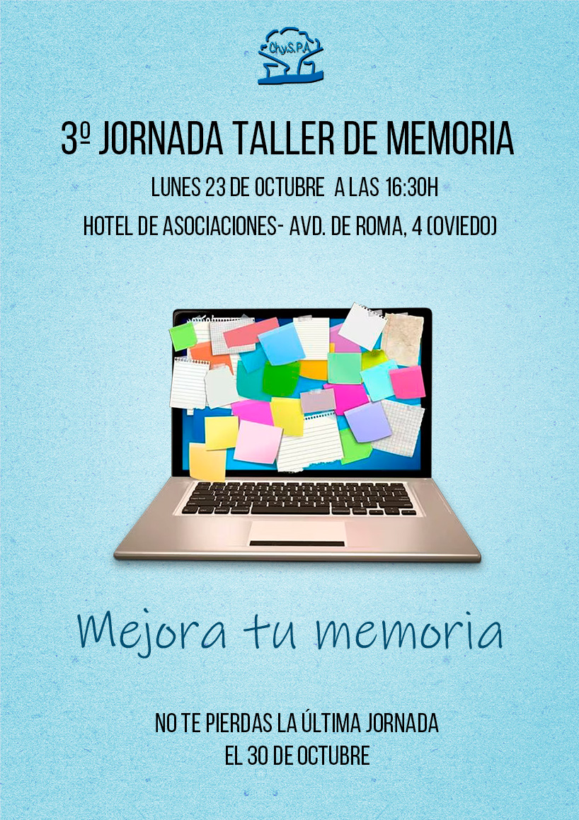 El lunes 23 de octubre realizaremos la 3º jornada del taller de memoria, a las 16:30h en Hotel de asociaciones, Avd. de Roma 4 (Oviedo).