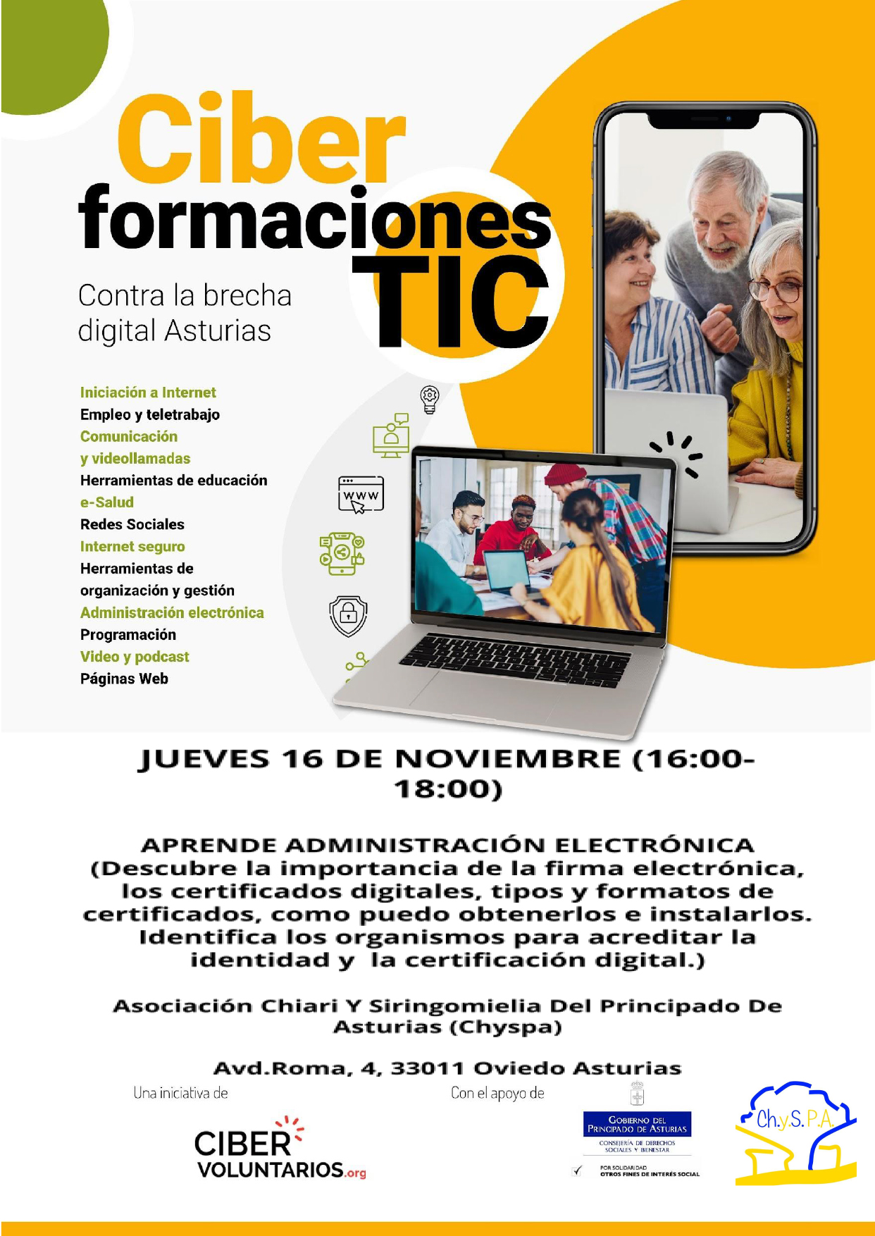 El 16 de noviembre realizaremos la 2º jornada del taller contra la brecha digital, a las 16:00h en Hotel de asociaciones, Avd. de Roma 4 (Oviedo).