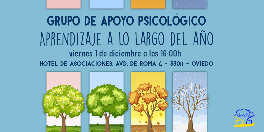 Grupo de Apoyo Psicológico del próximo viernes 1 de diciembre de 2023, a las 16h, vamos a hacer un repaso de algunos aprendizajes realizados a lo largo del año. En el Hotel de asociaciones Avda. de Roma 4 - Oviedo