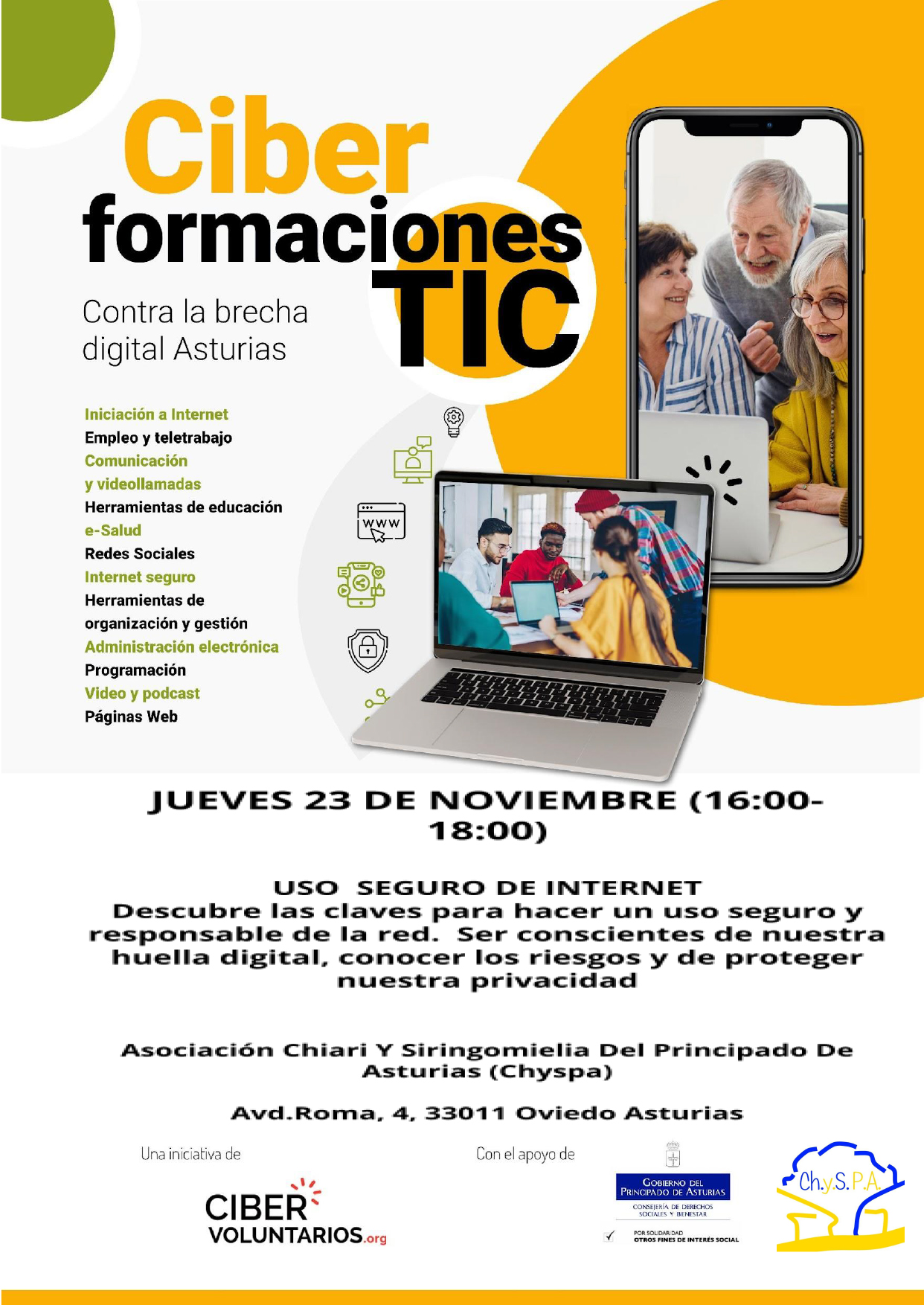 El 23 de noviembre realizaremos la 3º jornada del taller contra la brecha digital, a las 16:00h en Hotel de asociaciones, Avd. de Roma 4 (Oviedo).
