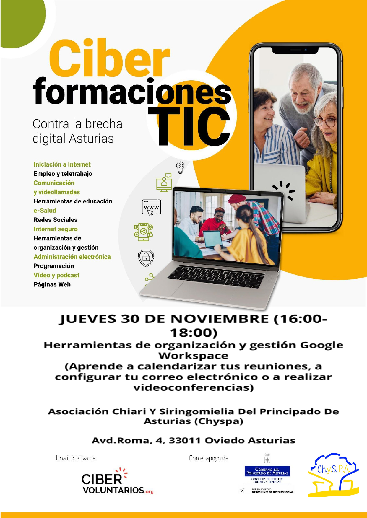 El 30 de noviembre realizaremos la última jornada del taller contra la brecha digital, a las 16:00h en Hotel de asociaciones, Avd. de Roma 4 (Oviedo).