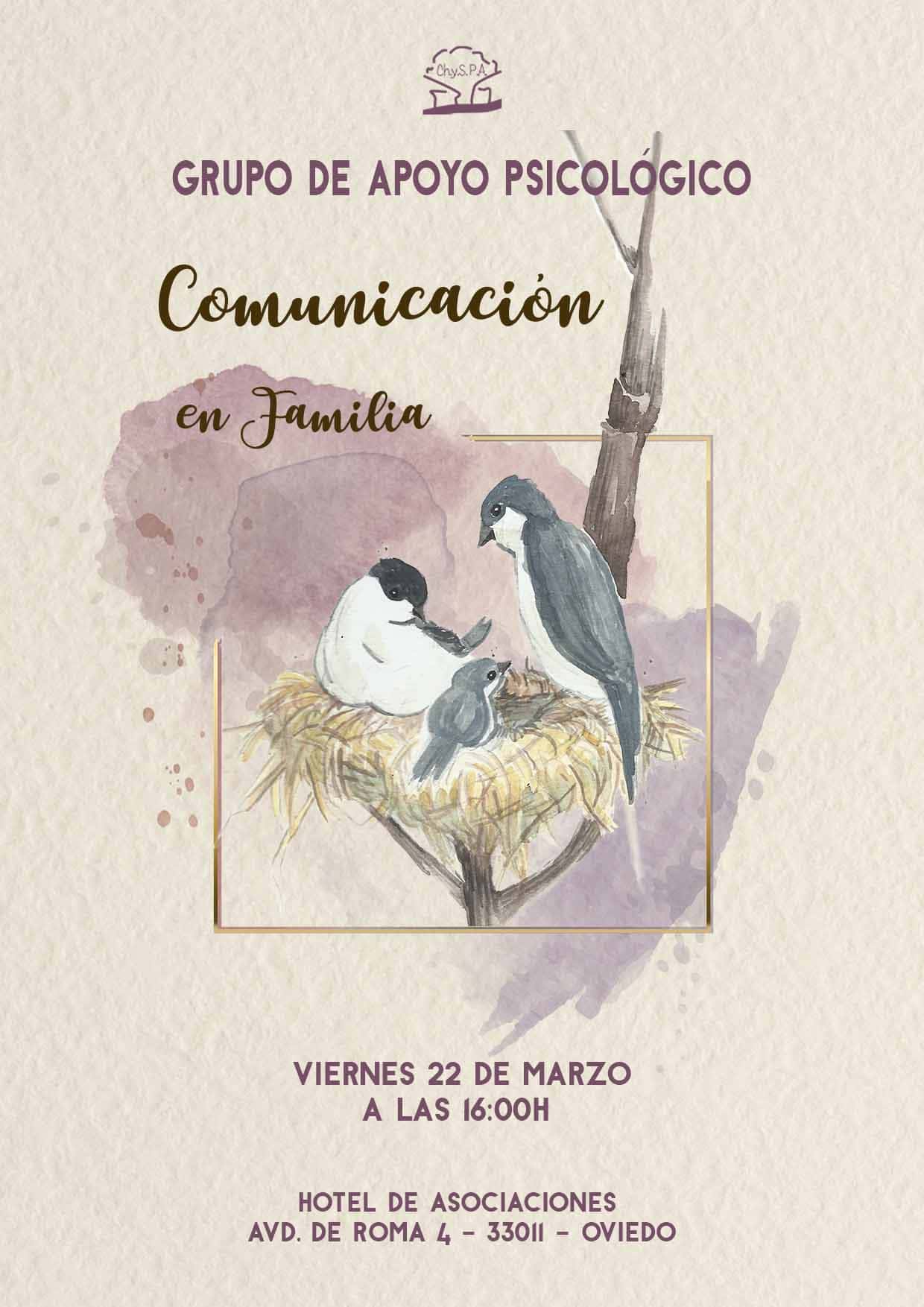 En el Grupo de Apoyo Psicológico del viernes 22 de marzo de 2024, a las 16h, trabajaremos con la comunicación con la familia. En el Hotel de asociaciones Avda. de Roma 4 - Oviedo