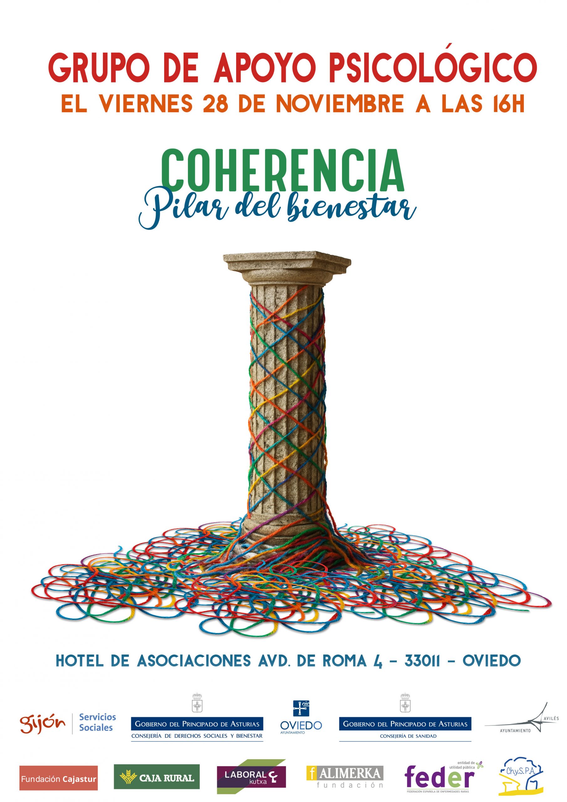 En el Grupo de Apoyo Psicológico del viernes 28 de noviembre de 2025, a las 16h, veremos "Coherencia Pilar del Bienestar". En el Hotel de asociaciones Avda. de Roma 4 - Oviedo. ¡No te lo pierdas! En el Grupo de Apoyo Psicológico del viernes 28 de noviembre de 2025, a las 16h, veremos "Coherencia Pilar del Bienestar". En el Hotel de asociaciones Avda. de Roma 4 - Oviedo. ¡No te lo pierdas!