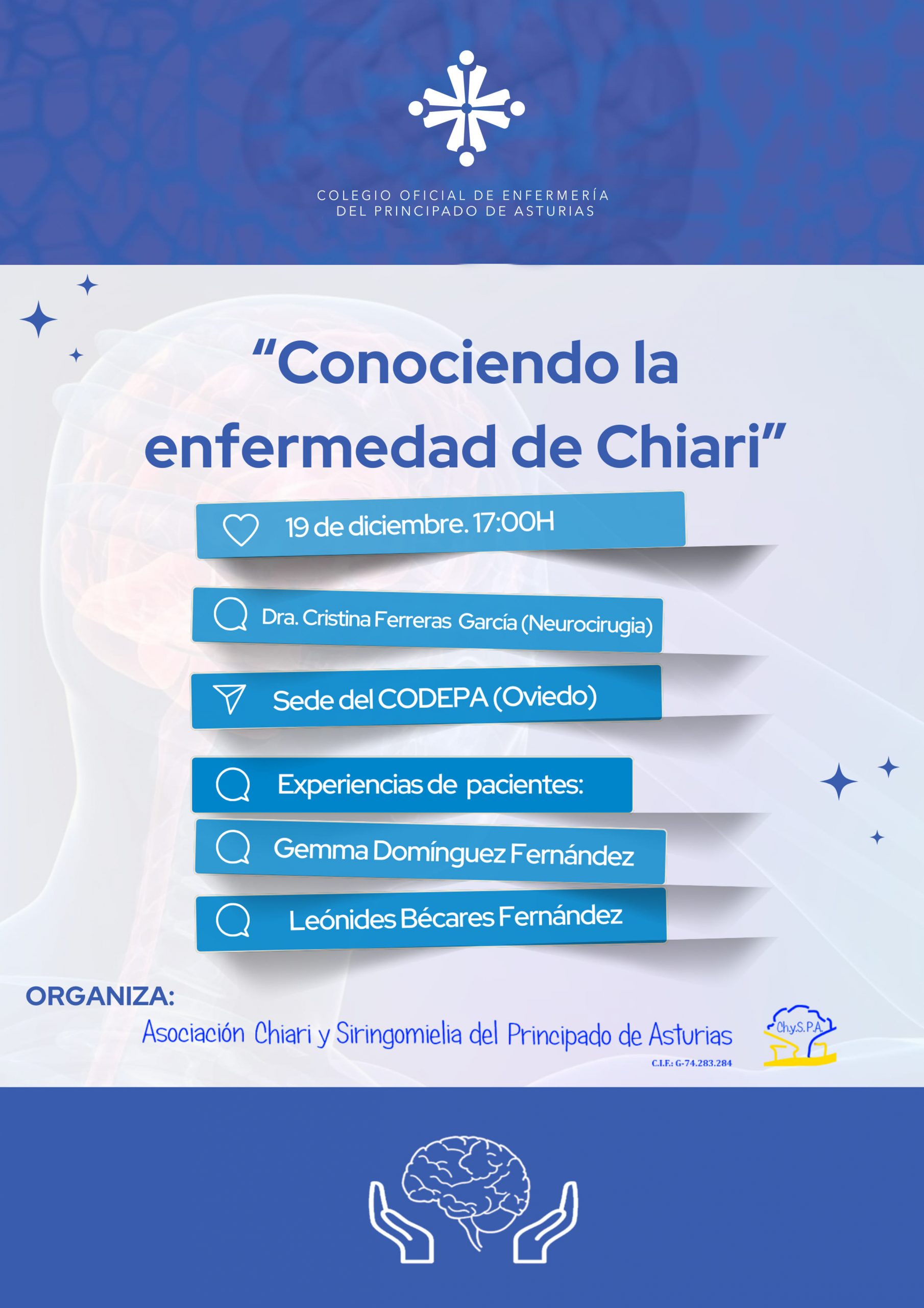 El viernes 19 de diciembre a las 17h. realizaremos la charla “Conociendo la enfermedad del Chiari” en la sede de CODEPA. El viernes 19 de diciembre a las 17h. realizaremos la charla “Conociendo la enfermedad del Chiari” en la sede de CODEPA.
