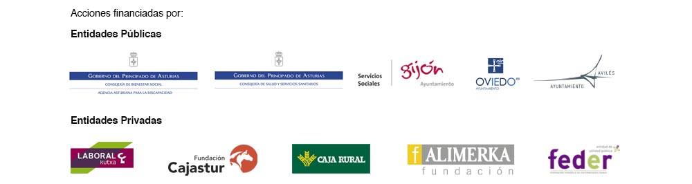 Faldón Logos, Entidades Públicas: Gobierno del Principado de Asturias Consejería de Bienestar Social, Gobierno del Principado de Asturias Consejería de Salud y Servicios Sanitarios, Servicios Sociales del Ayuntamiento de Gijón, Ayuntamiento de Oviedo, Ayuntamiento de Avilés, Entidades Privadas, Laboral Kutxa, Fundación Cajastur, Caja Rural, Fundación Alimerka, Feder