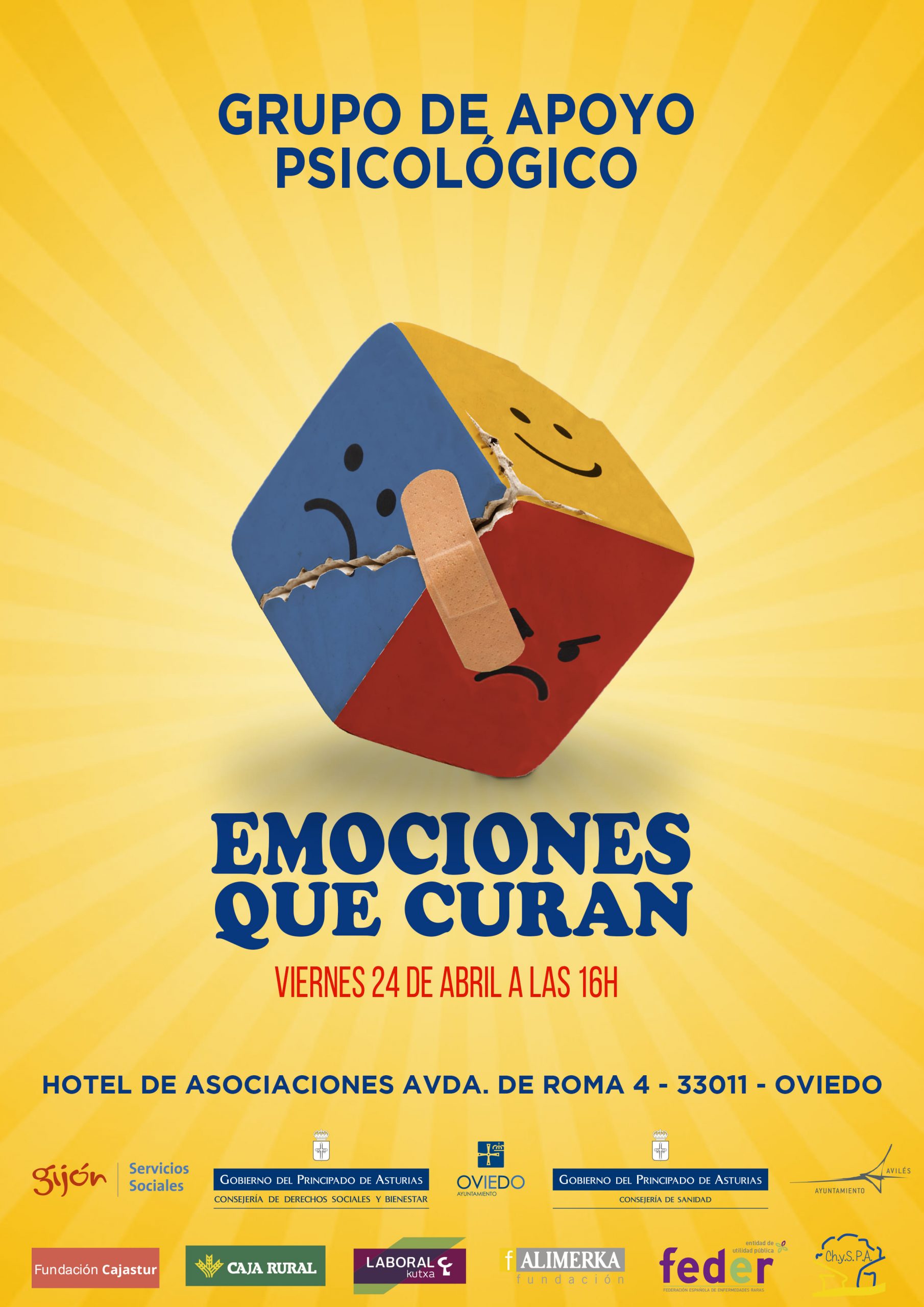 En el Grupo de Apoyo Psicológico del viernes 24 de abril de 2026, a las 16h, veremos "Emociones que curan". En el Hotel de asociaciones Avda. de Roma 4 - Oviedo. ¡No te lo pierdas!