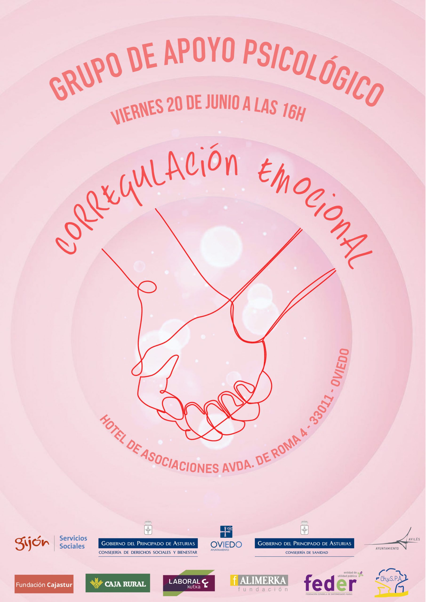 En el Grupo de Apoyo Psicológico del viernes 26 de junio de 2026, a las 16h, veremos "Corregulación Emocional". En el Hotel de asociaciones Avda. de Roma 4 - Oviedo. ¡No te lo pierdas!