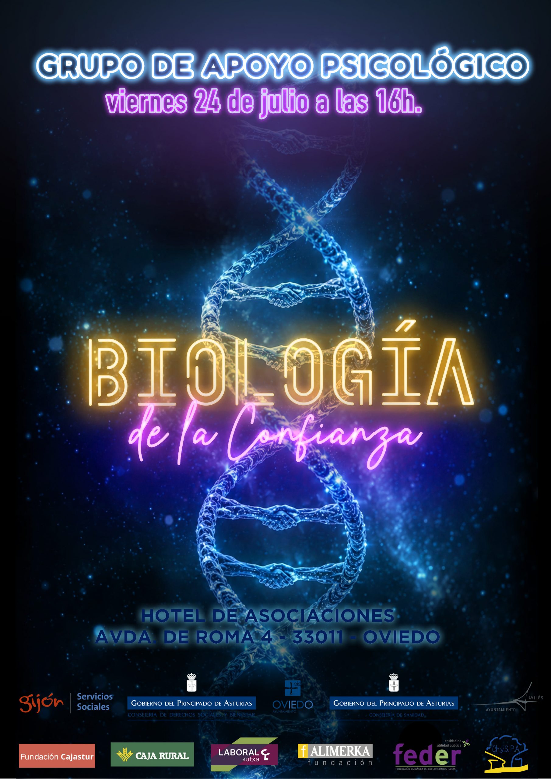 En el Grupo de Apoyo Psicológico del viernes 24 de julio de 2026, a las 16h, veremos "La biología de la confianza". En el Hotel de asociaciones Avda. de Roma 4 - Oviedo. ¡No te lo pierdas! En el Grupo de Apoyo Psicológico del viernes 24 de julio de 2026, a las 16h, veremos "La biología de la confianza". En el Hotel de asociaciones Avda. de Roma 4 - Oviedo. ¡No te lo pierdas!